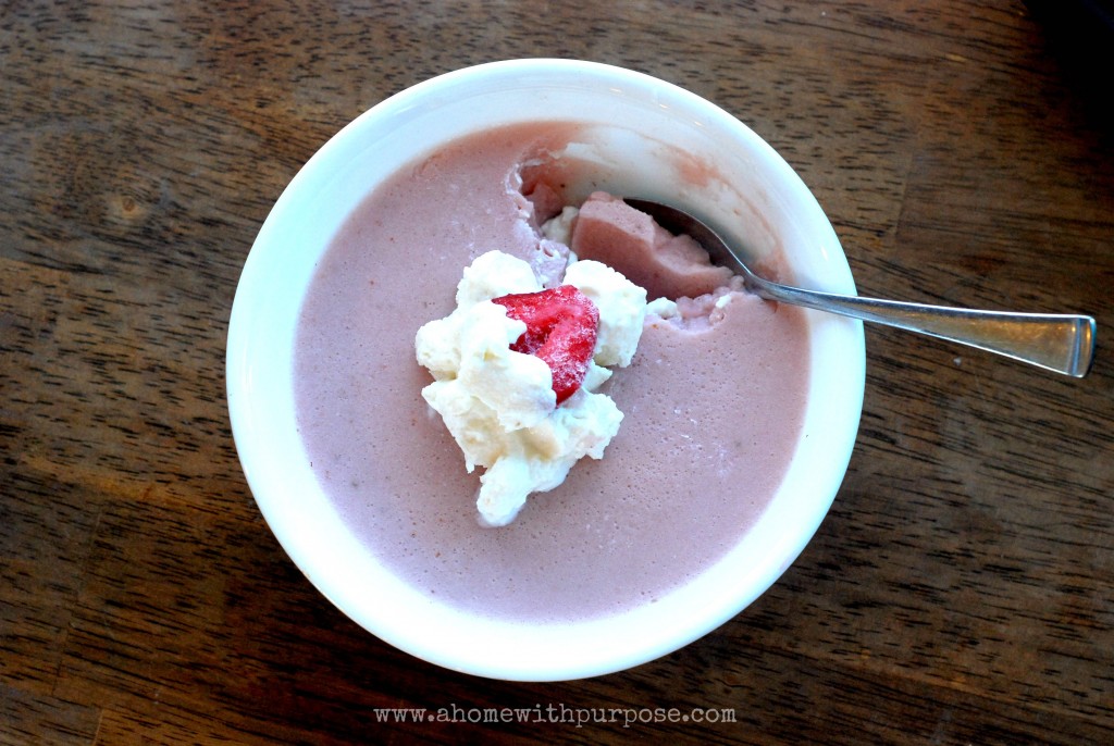 All strawberry "jello" made with unsweetened almond milk and topped with 0% Vanilla Greek Yogurt.